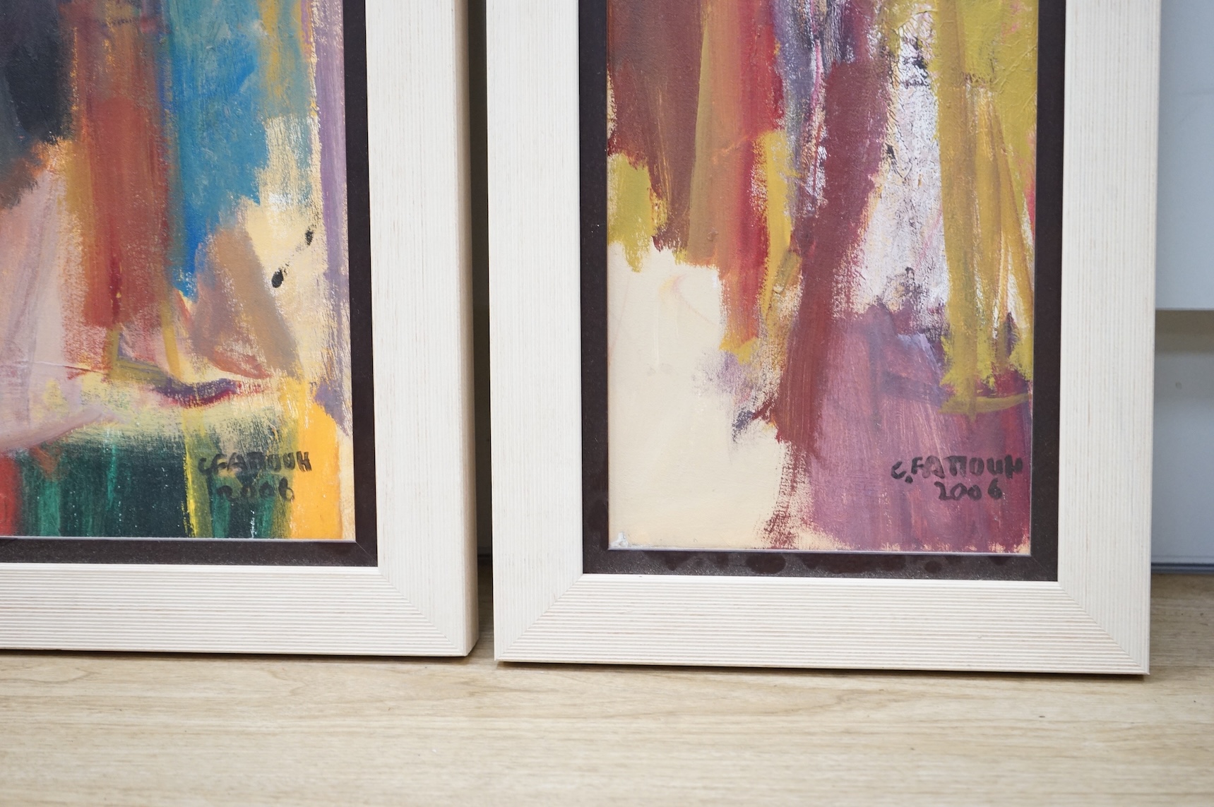 Chucrallah Fattouh (Lebanese, b.1956), pair of contemporary abstracts, each signed and dated 2006, oils on canvas, 64 x 19cm